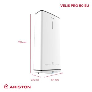 Lapos villanybojler modern fürdőszobában – Ariston Velis pro 50 falra szerelve, helytakarékos kialakítással.